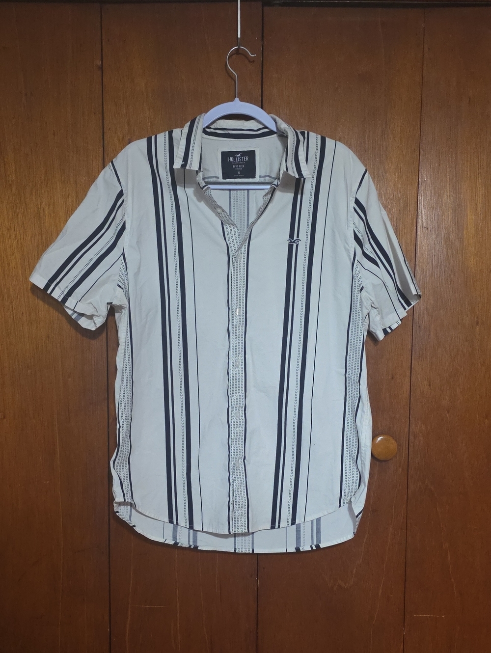 Hollister Men’s Short-Sleeve Vertical Stripe Button-Down - White & Blue